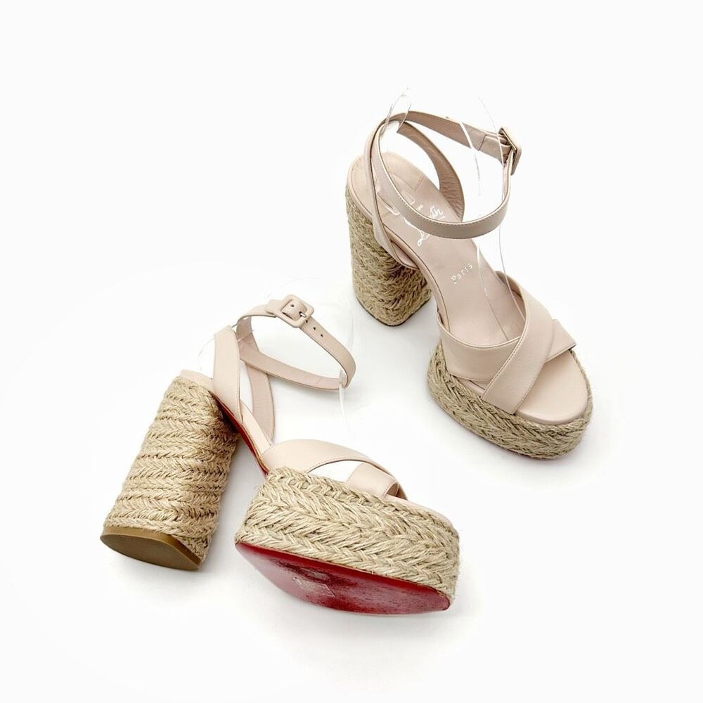 CHRISTIAN LOUBOUTIN Super Mariza Platform Espadrille Block Heels Size 38 Beige - Picture 1 of 15